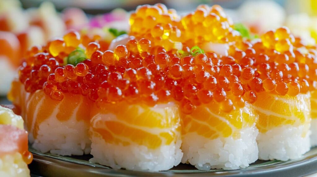 Sushi Rolls Topped With Vibrant Orange Tobiko, With Chopsticks, Soy Sauce, And Wasabi On The Side.