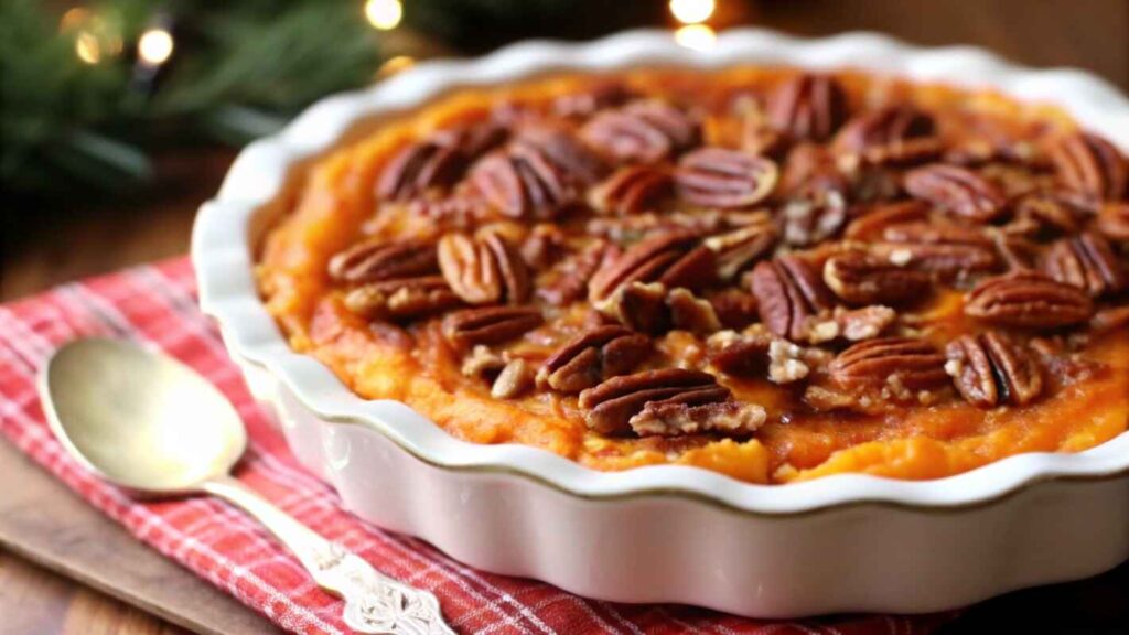 Sweet Potato Casserole Combines Creamy Sweet Potatoes With A Crunchy Pecan