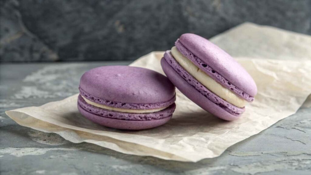 Two Perfectly Crafted Exploring the Unique Flavor of Ube Macarons With A Smooth, Delicate Shell And A Rich Purple Hue, Resting On A Piece Of Parchment Paper.