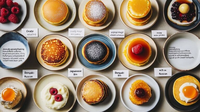 Ultimate Guide To Mini Pancakes Global Variations Including Dutch Poffertjes, Japanese Dorayaki, Russian Blini, And American Mini Pancakes On Labeled Plates.