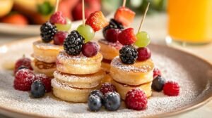 Stacked mini pancakes with colorful berry skewers, powdered sugar, and fresh berries, set against a soft background with orange juice
