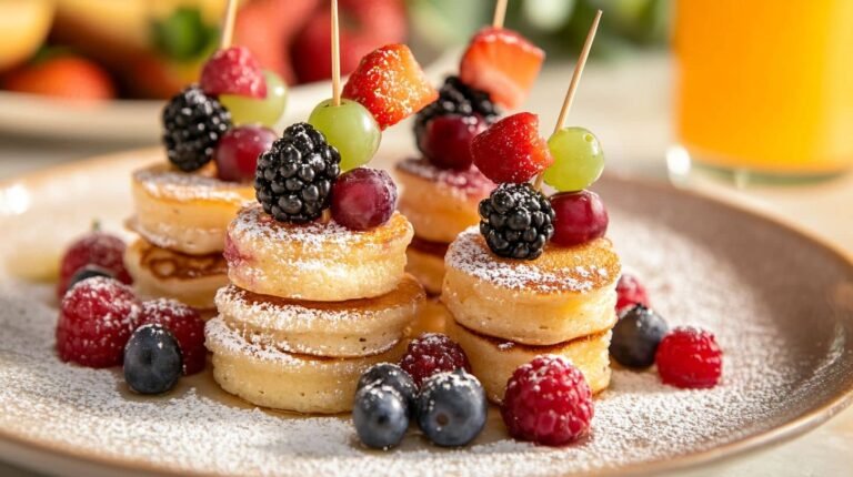Stacked mini pancakes with colorful berry skewers, powdered sugar, and fresh berries, set against a soft background with orange juice