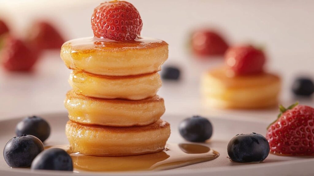Stack of fluffy mini pancakes topped with a fresh strawberry, drizzled with syrup, and garnished with strawberries and blueberries, set against a soft, natural-lit background.