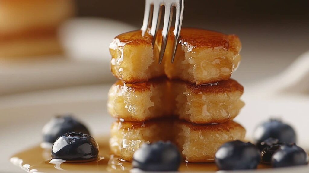 Close-up of stacked mini pancakes with a fork inserted, drizzled with maple syrup and surrounded by fresh blueberries, set on a white plate with soft, warm lighting.
