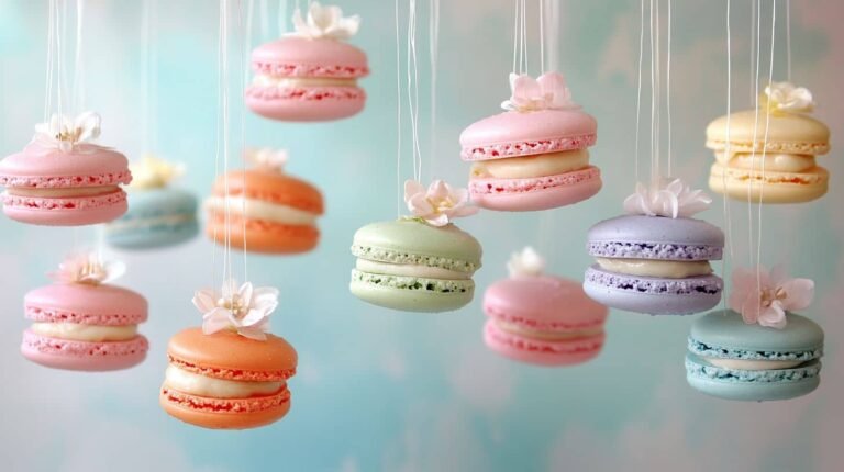 Colorful macaron in pink, blue, orange, green, and yellow, stacked and suspended by thin strings, with flower decorations and a soft pastel gradient background.