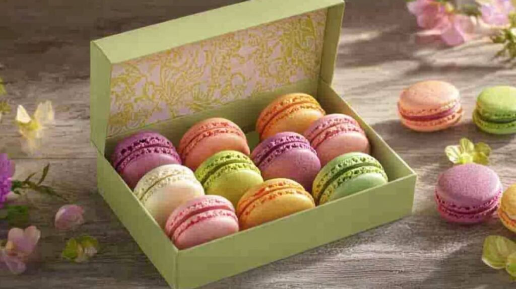 Colorful macarons in pink, purple, yellow, green, and orange, arranged in a pastel green box and scattered on a wooden surface, with small flowers and leaves.
