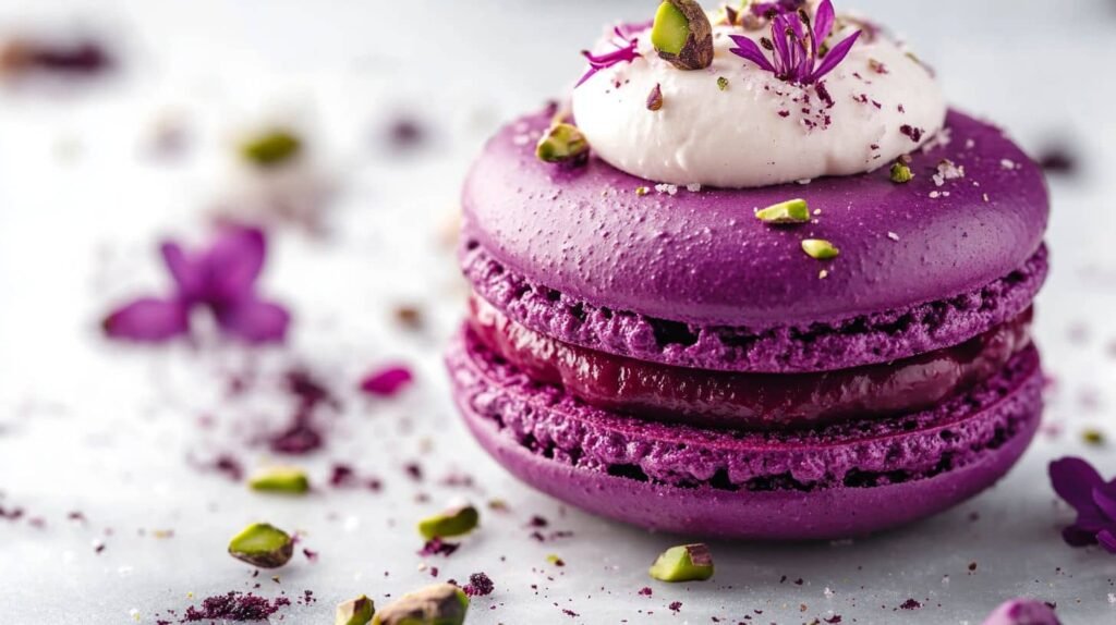 A purple macaron with red filling, topped with white cream, edible flowers, and pistachio pieces, against a white background.