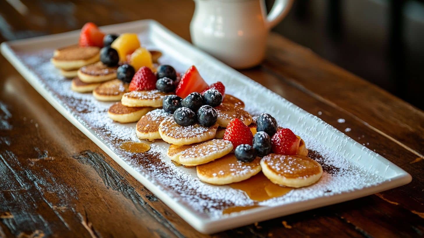 Variety Of Mini Pancakes With Toppings Like Syrup And Berries, Showcasing Methods Of Making Mini Pancakes