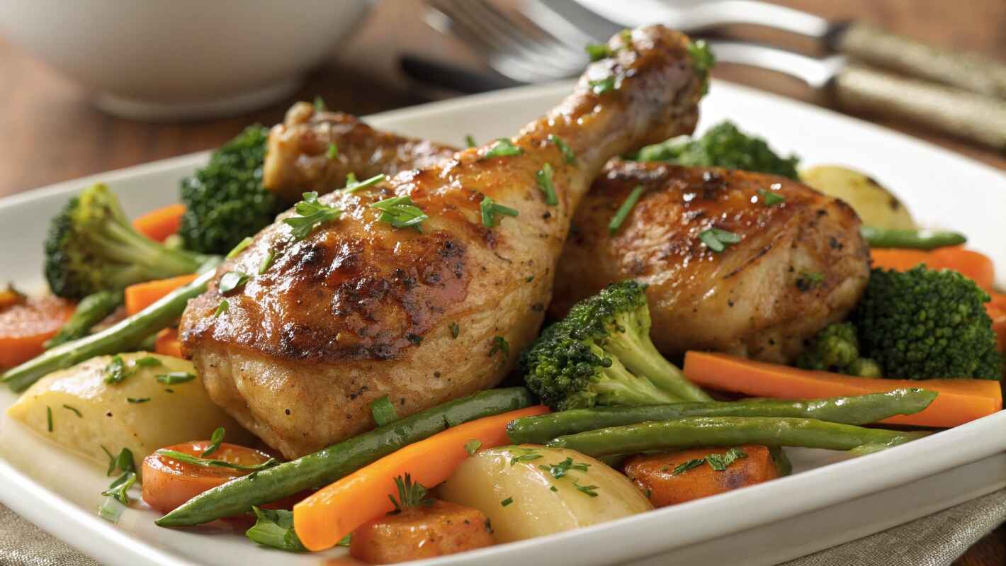 A Beautifully Plated Dish Featuring Golden Brown Roasted Chicken Drumsticks Dark Meat, Perfectly Glazed And Garnished With Finely Chopped Fresh Herbs.
