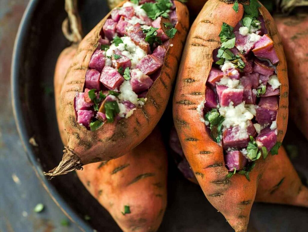 A Beautifully Prepared Dish Of Stuffed Sweet Potatoes.
