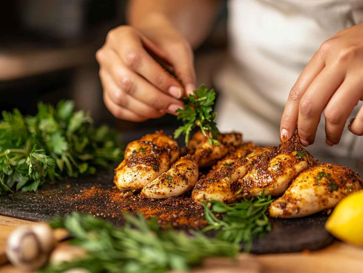 A Female Chef Applying A Dry Rub To Season Chicken With Spices And Fresh Herbs On A Countertop.