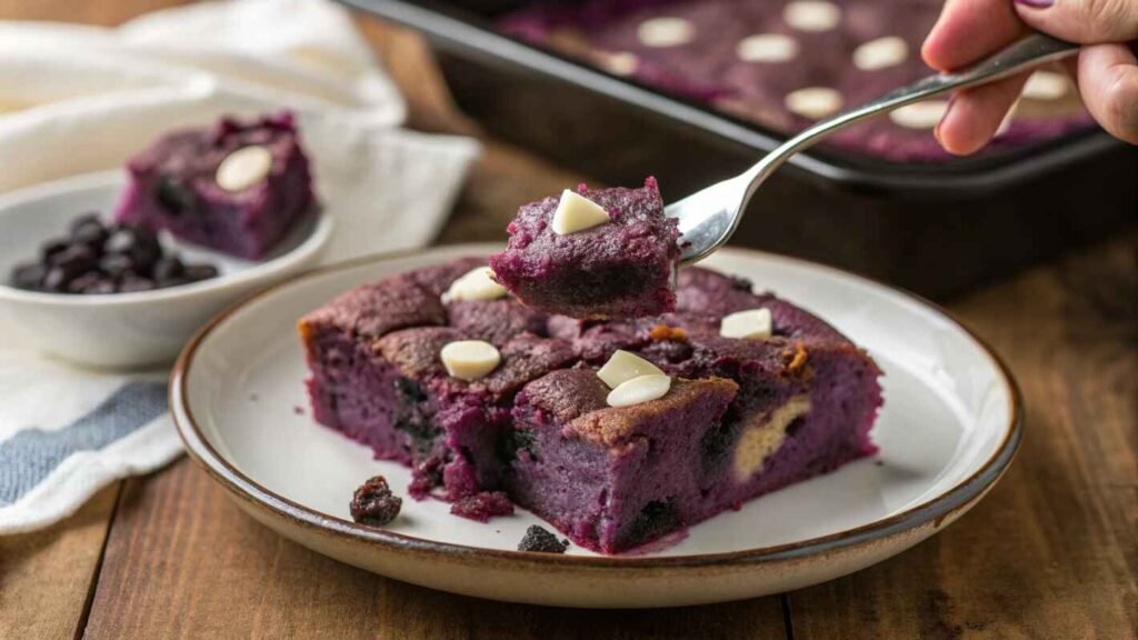 A Freshly Baked Ube Bread Pudding With A Deep Purple Hue, Served On A White Ceramic Plate With A Dark Rim.