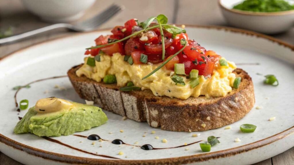 A Gourmet Breakfast Dish Featuring Creamy Scrambled Eggs