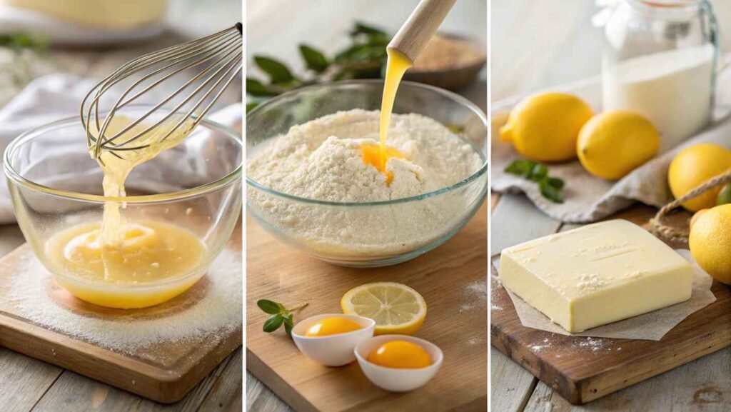 A Lemon Brownies Dessert Batter Preparation In A Glass Mixing Bowl.