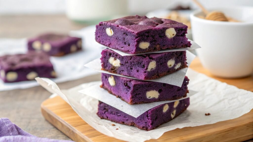 A Stack Of Rich Fudgy Ube Brownies With A Deep Pu