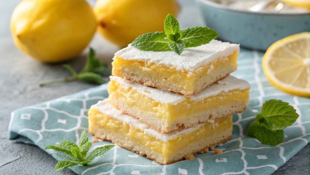 A Stack Of Three Lemon Brownies With A Golden Yellow, Moist Texture, Topped With Smooth White Icing And A Dusting Of Powdered Sugar.
