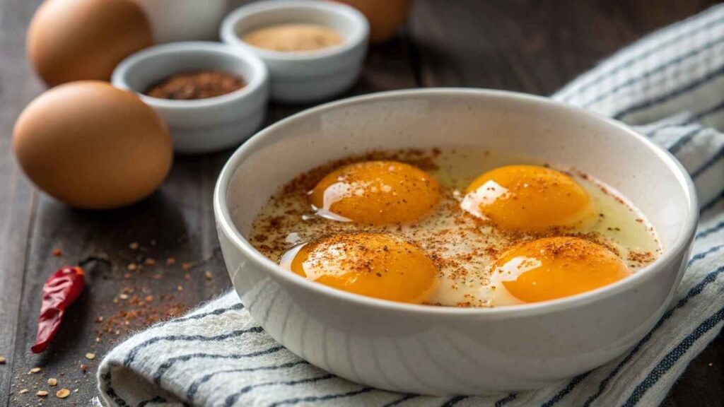 A White Ceramic Bowl Filled With Four Raw Eggs, Their Vibrant Golden Yolks Floating In Translucent Egg Whites.