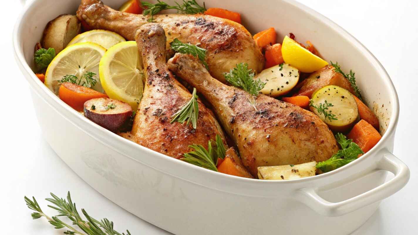 Baked Turkey Legs With Potatoes And Carrots In A White Casserole