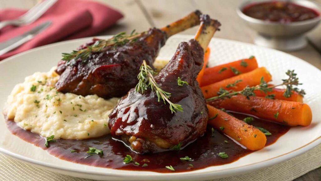 Braised Turkey Drumsticks Dark, Tender Meat Falling Off The Bone, Coated In A Rich Red Wine And Herb Reduction.