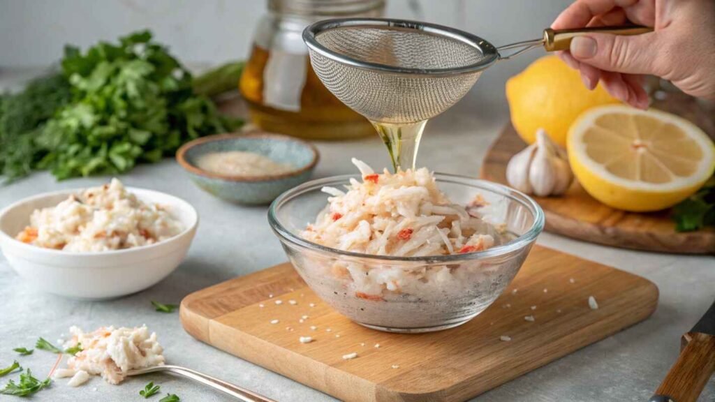 Canned Crab Meat Being Carefully Prepared.