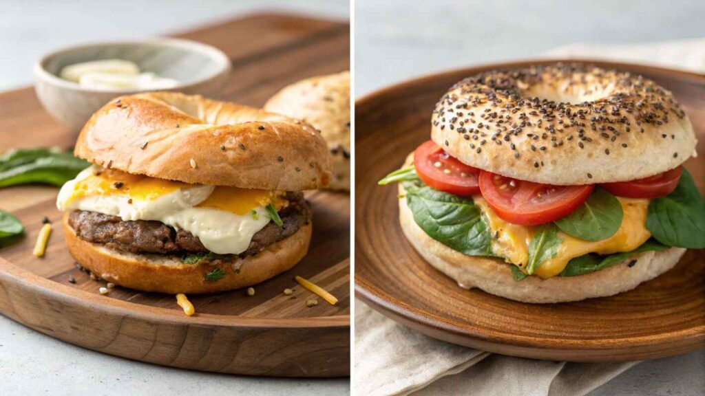 Comparison Image Showing A Fast Food Steak Egg And Cheese Bagels Next To A Healthier Homemade Version.