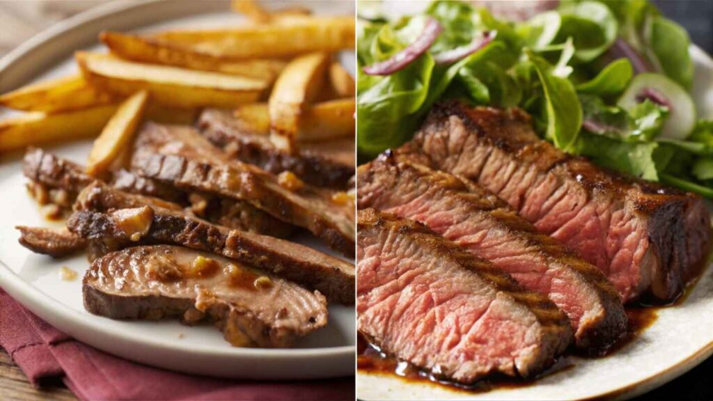 Cooked Steak, Sliced Into Strips To Reveal A Tender, Juicy Interior With A Perfect Medium Rare Doneness. (2)