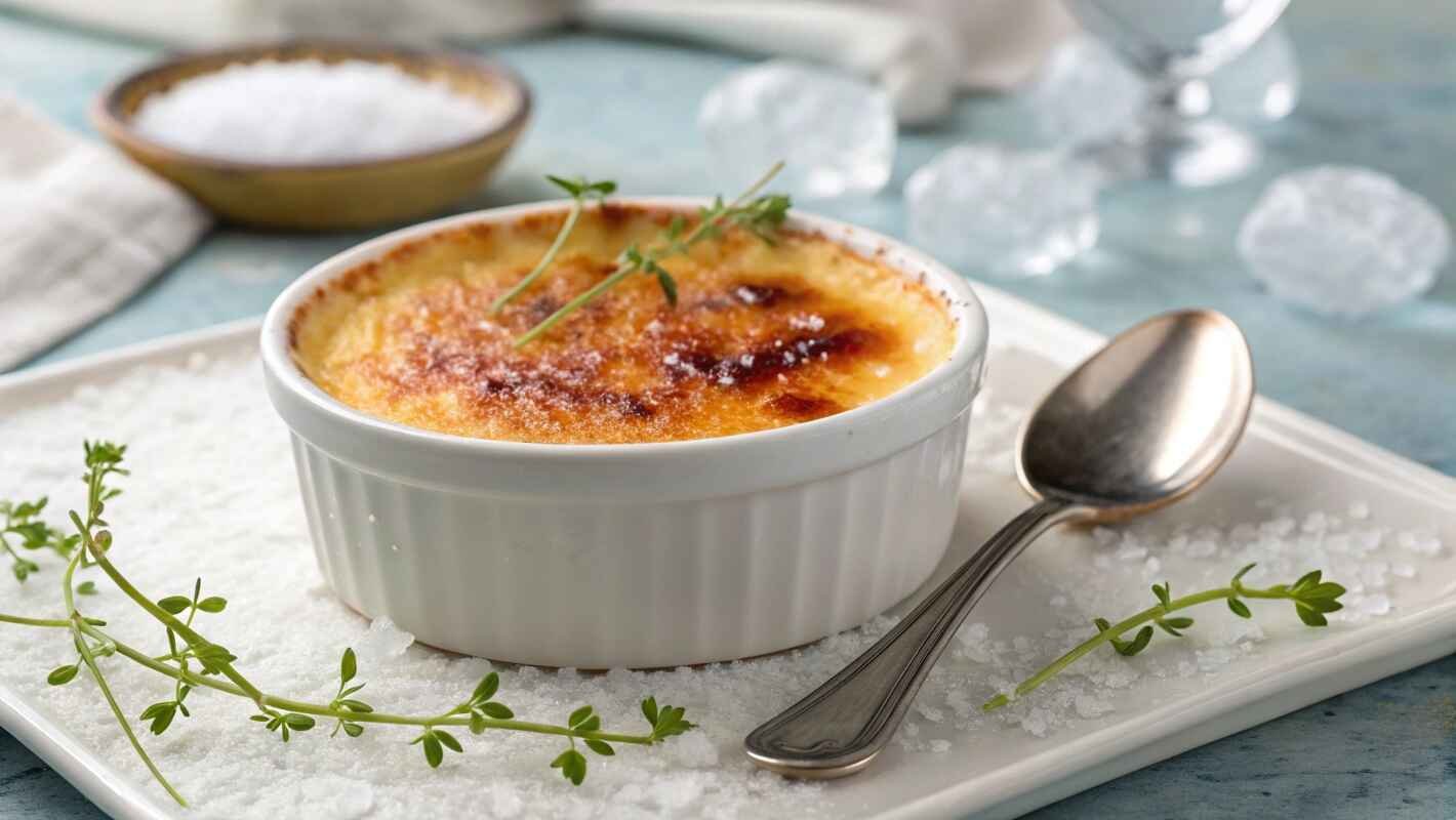 Crab Brûlée, Elegantly Plated On A Pristine White Dish. The Golden, Caramelized Sugar Crust