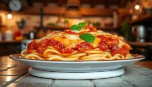 A beautifully arranged platter of baked ziti with layers of pasta, marinara sauce, melted cheese, and basil, set in a rustic Italian kitchen, highlighting the question: do Italians eat baked ziti?