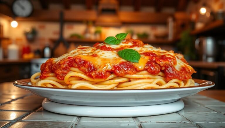 A beautifully arranged platter of baked ziti with layers of pasta, marinara sauce, melted cheese, and basil, set in a rustic Italian kitchen, highlighting the question: do Italians eat baked ziti?