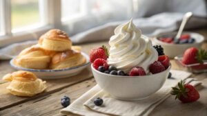 Fluffy, Freshly Whipped Cream Delicately Swirled On Top Of A Bowl Filled With Vibrant Fresh Berries—strawberries, Blueberries,