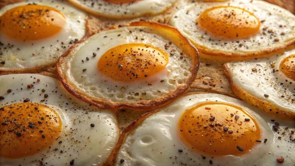 Eggs Over Hard With Perfectly Crispy Golden Brown Edges And Rich, Glossy Yolks.