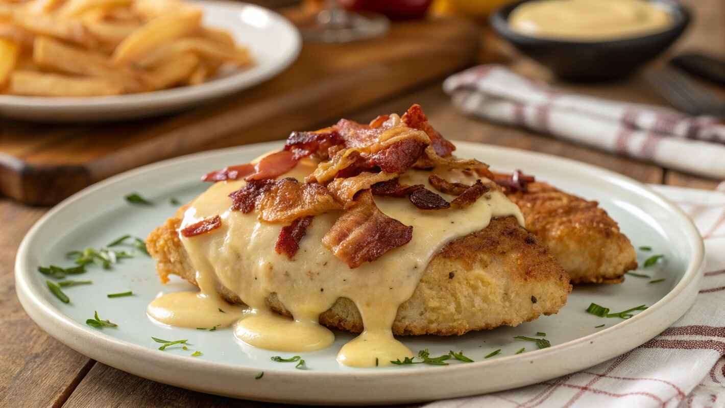 Golden Brown Alice Springs Chicken Recipe Fillet Smothered In Gooey, Melted Cheese, Topped With Crispy Bacon And Drizzled With A Rich, Creamy Sauce.