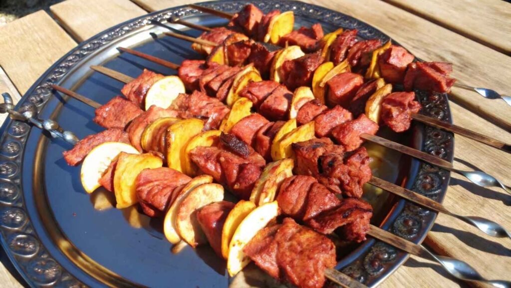 Grilled Skewers With Beef Heart And Vegetables.