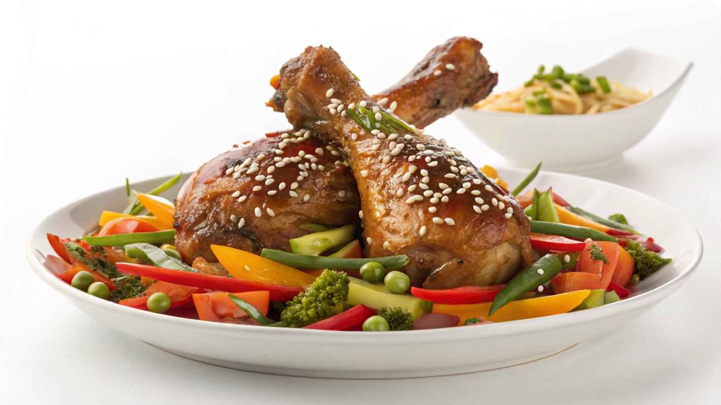 Plated Dish Of Glazed Turkey Drumsticks Topped With Sesame Seeds, Complemented By A Vibrant Array Of Stir Fried Vegetables.