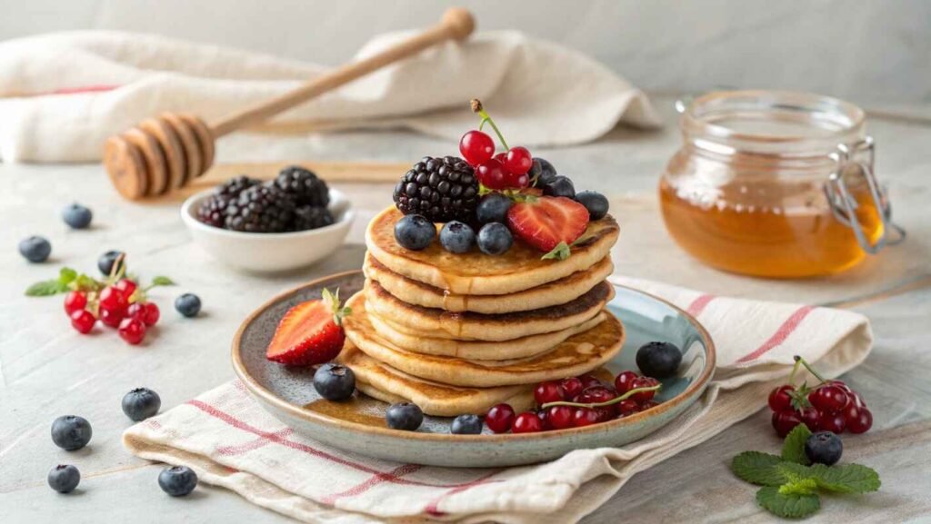 Calories in Gingerbread Pancake, Topped With Fresh Blueberries, Blackberries, Strawberries, And Red Currants, Drizzled With Honey.