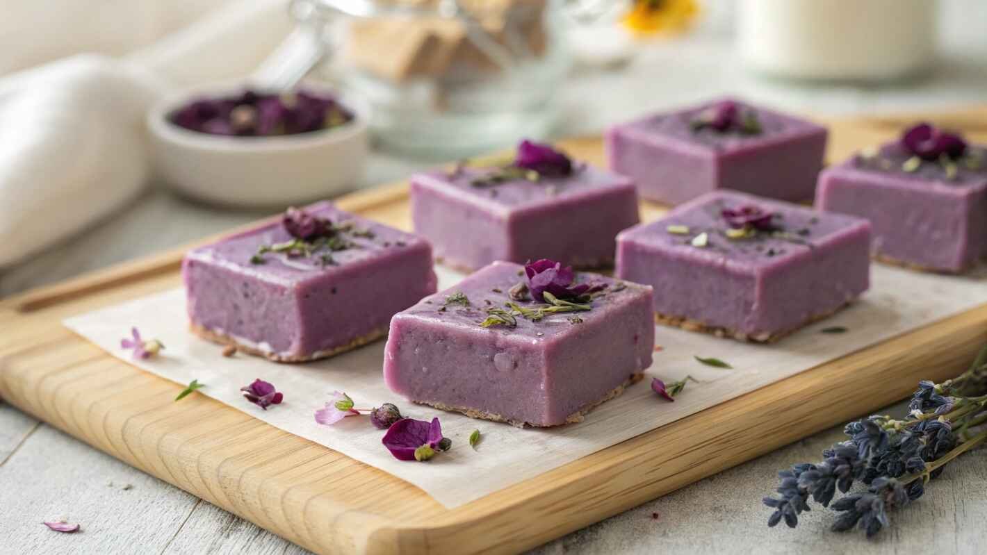 Purple Ube Fudge Squares On A Light Wooden Cutting Board.