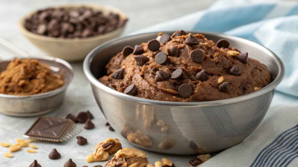 Rich, Fudgy Protein Brownies Batter In A Stainless Steel Mixing Bowl, Generously Topped With Dark Chocolate Chips.