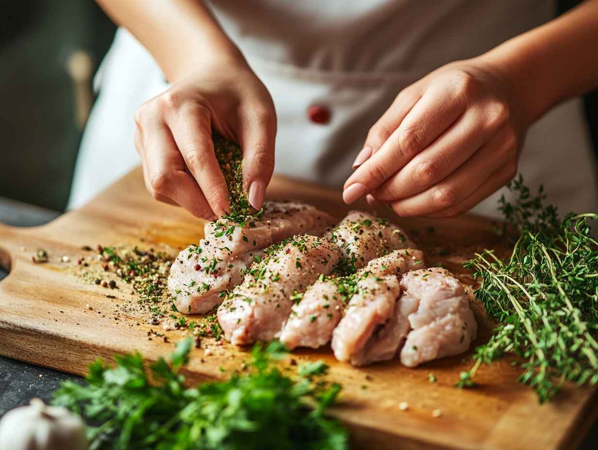 Seasoning Raw Chicken With Fresh Herbs And Spices On A Wooden Cutting Board.