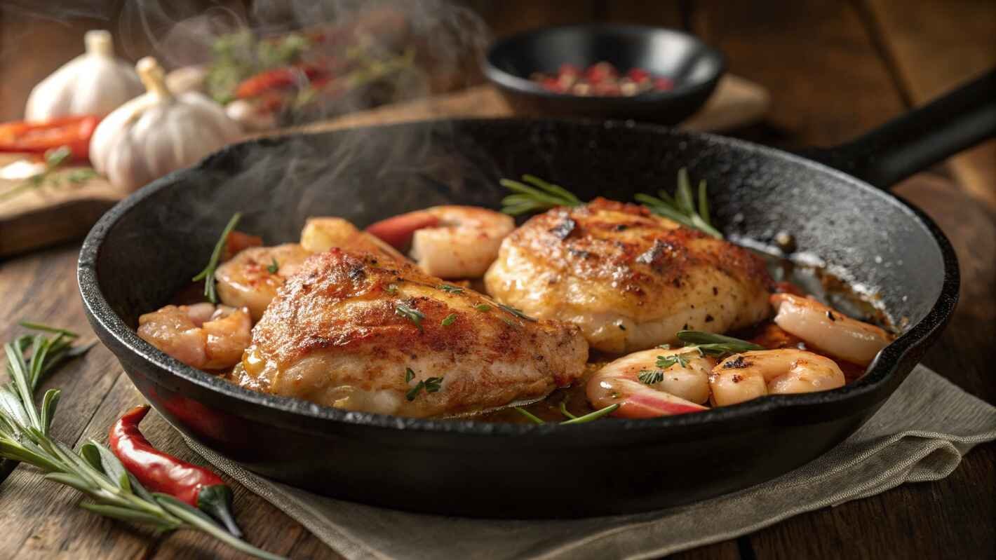 Sizzling, Golden Brown Chicken and Shrimp Recipe Cooking Together On A Cast Iron Skillet.