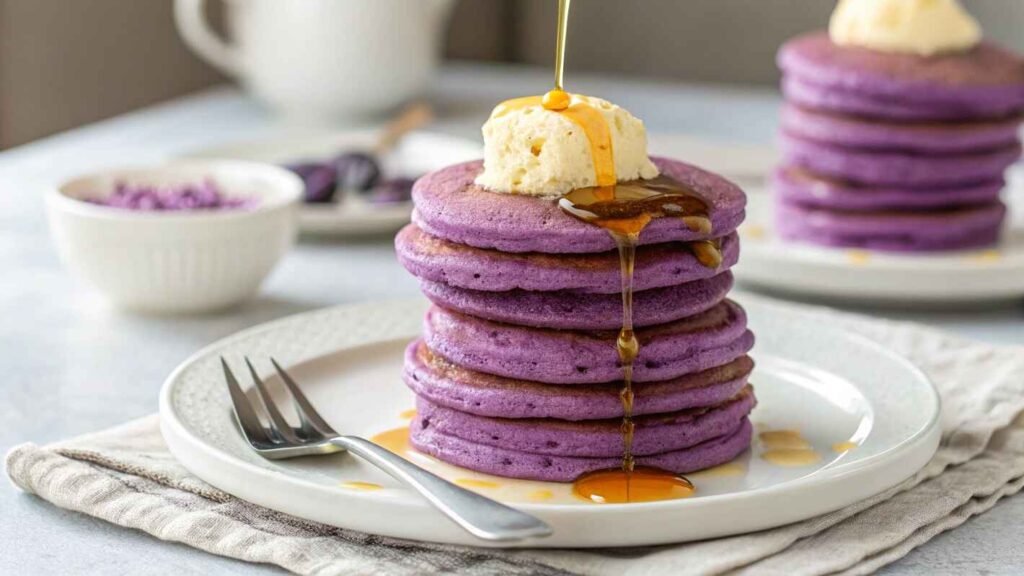 Stack Of Fluffy Ube Pancakes With A Rich Purple Hue, Perfectly Round And Neatly Layered On A White Ceramic Plate. A Scoop Of Ube Flavored Butter