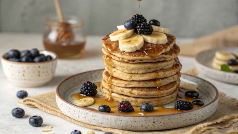 Stack Of Whole Wheat homemade Pancakes With A Golden Brown Texture, Layered With Fresh Banana Slices And Juicy Blackberries.