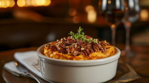Ruth's Chris Sweet Potato Casserole with golden pecan topping on a rustic table.