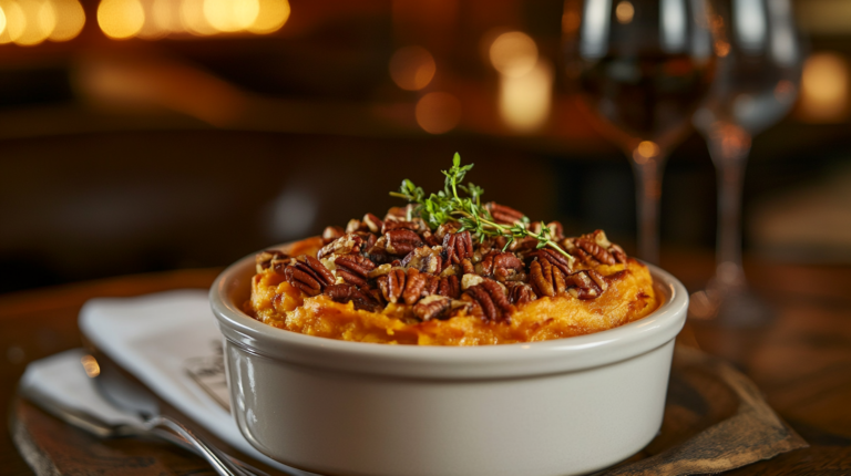 Ruth's Chris Sweet Potato Casserole with golden pecan topping on a rustic table.