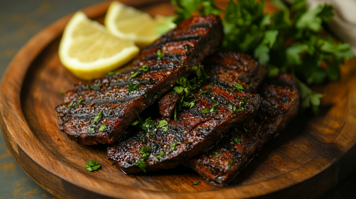 A raw beef heart on a wooden cutting board, partially trimmed and surrounded by garlic, lemon slices, and fresh herbs.