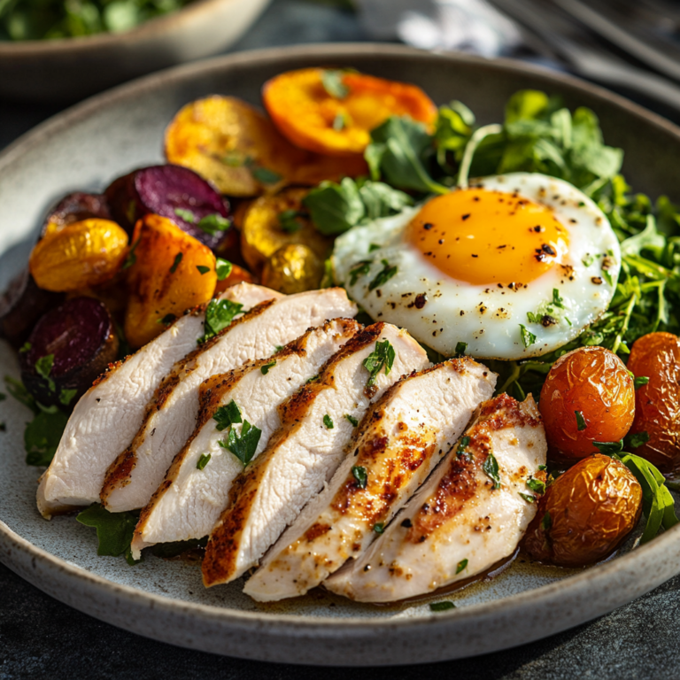 A plate of roasted turkey breast and sunny-side-up eggs with fresh greens and roasted vegetables, presented in a rustic kitchen.