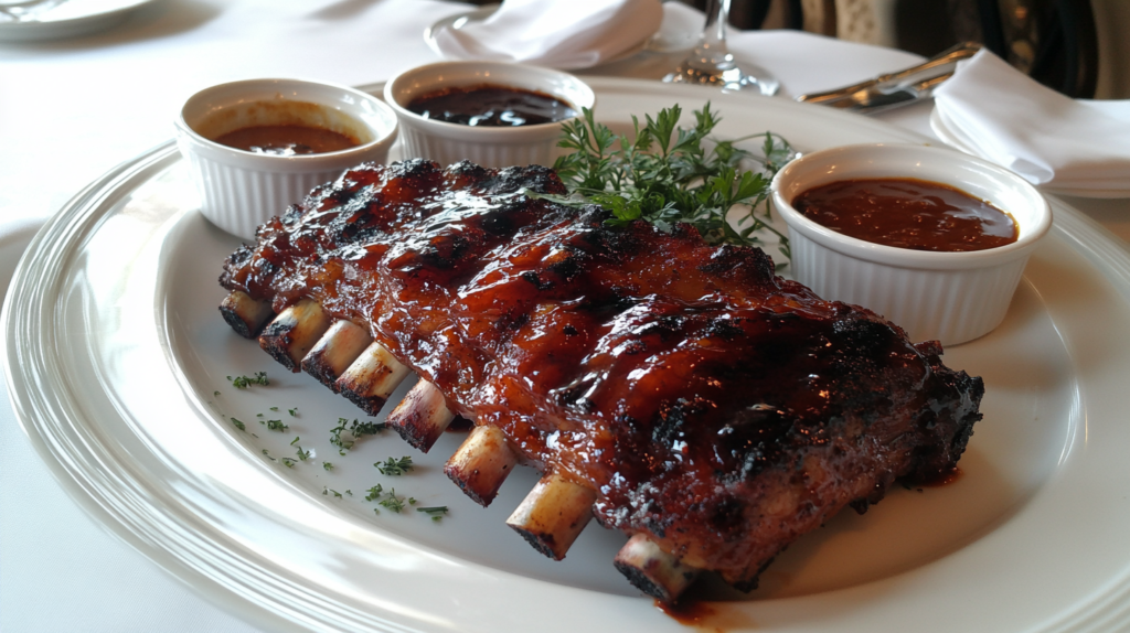 Beautifully plated St. Louis-style ribs on a white ceramic plate, coated in barbecue glaze and garnished with fresh herbs, served alongside dipping sauces on an elegant dining table.
