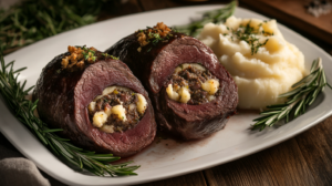 Sliced stuffed beef heart roast with breadcrumb and herb filling, served with mashed potatoes and garnished with rosemary