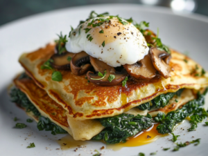 A dinner plate of savory pancakes stuffed with spinach, cheese, and mushrooms, garnished with fresh herbs and topped with a poached egg, set on an elegant evening dining table with soft lighting.