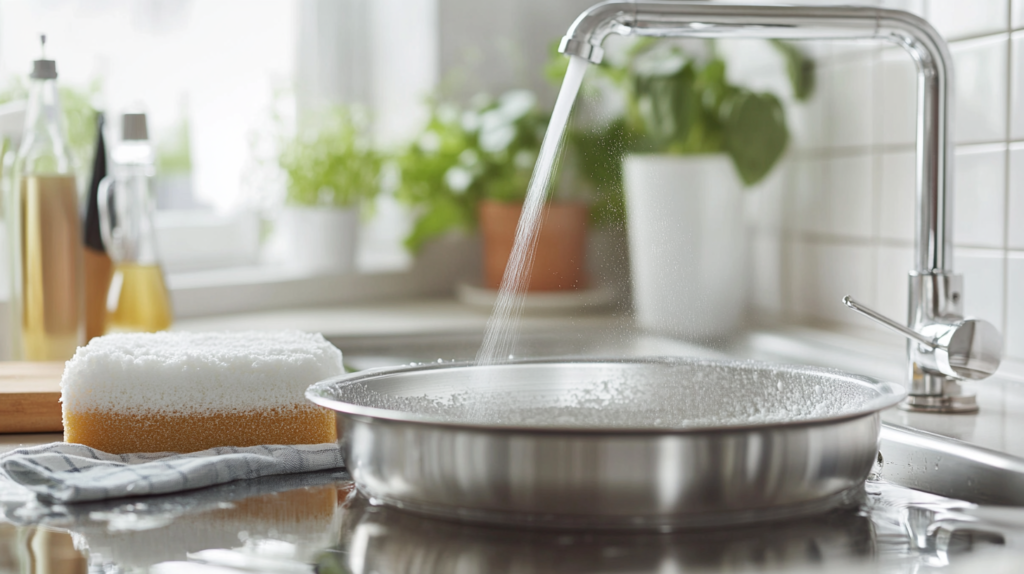 An aluminum pan being cleaned with a soft sponge and baking soda paste in a bright kitchen, surrounded by a vinegar bottle, towel, and running water.