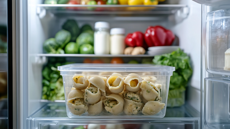Airtight container filled with uncooked stuffed shells stored on a shelf inside a modern refrigerator with fresh produce in the background.